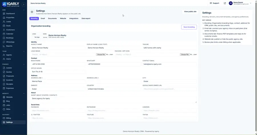 Organization branding — Iqarly real estate CRM