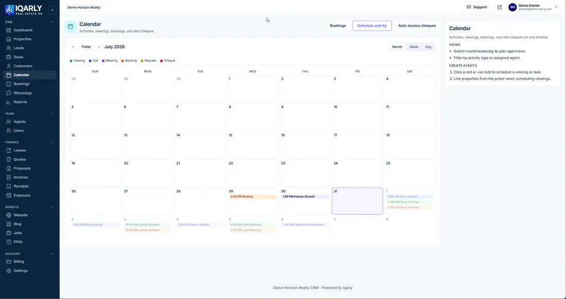 Calendar — Iqarly real estate CRM