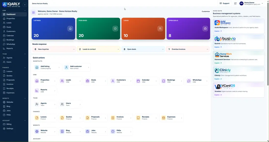 Dashboard — Iqarly CRM screenshot