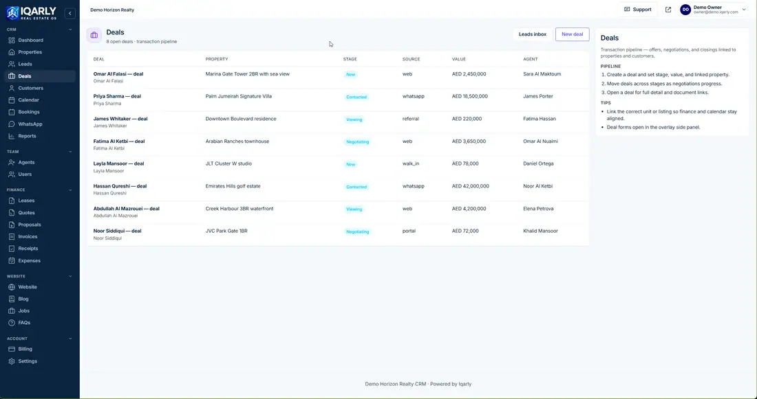 Deals — Iqarly real estate CRM