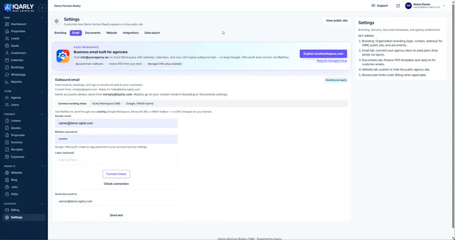 Email settings — Iqarly real estate CRM