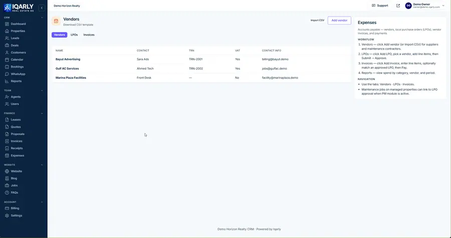 Vendors & expenses — Iqarly real estate CRM
