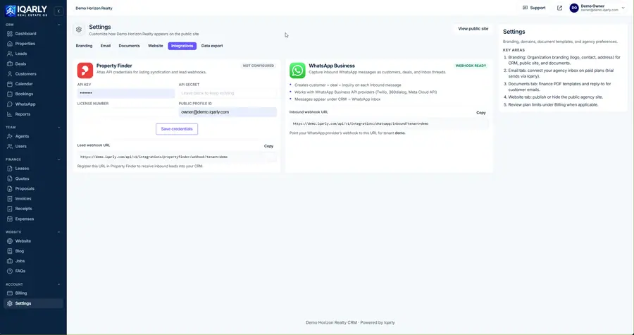 Integrations — Iqarly real estate CRM