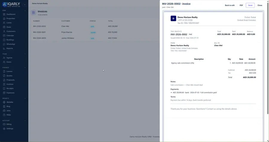 Tax invoice preview — Iqarly real estate CRM