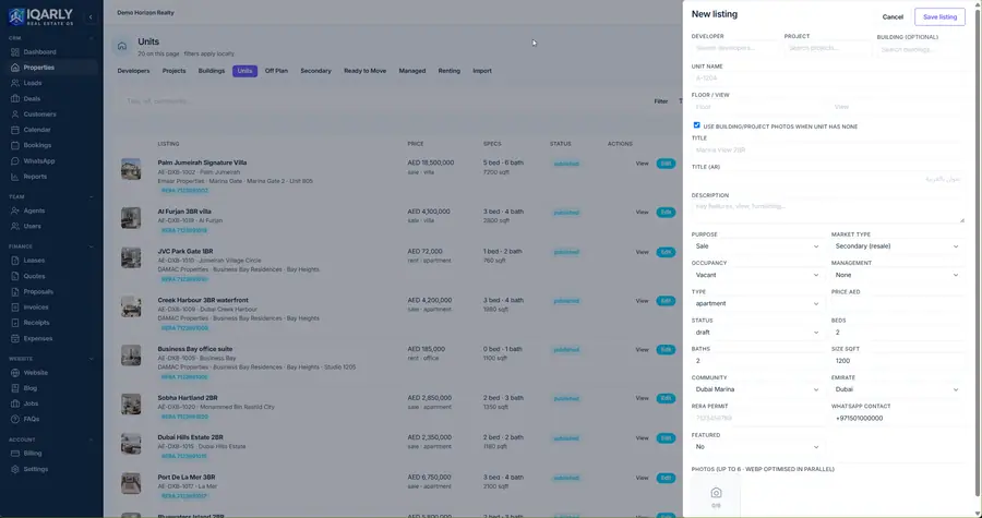 New listing form — Iqarly real estate CRM