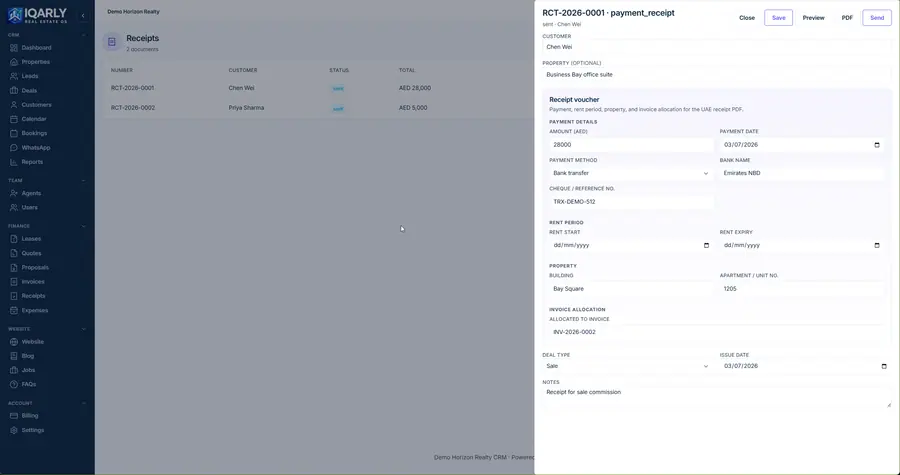 Payment receipt — Iqarly real estate CRM