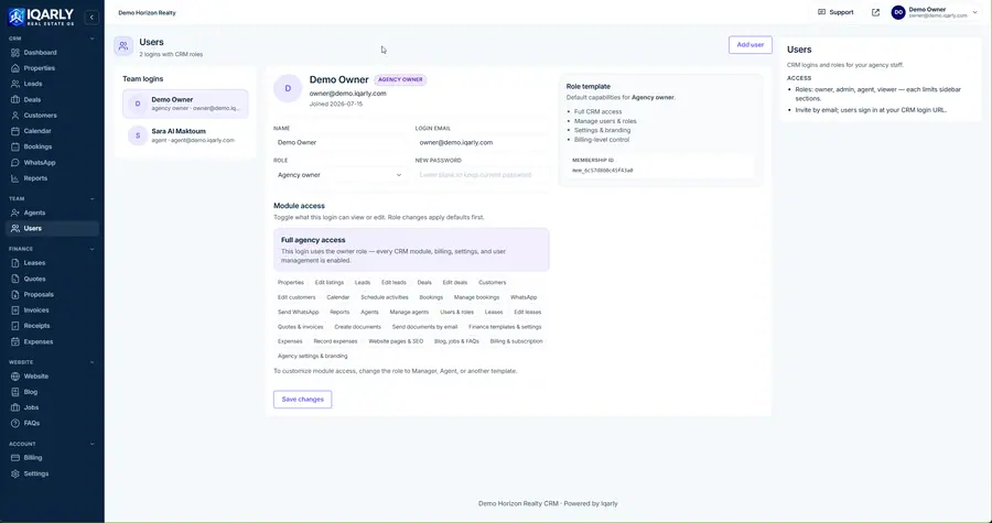 Users & roles — Iqarly real estate CRM