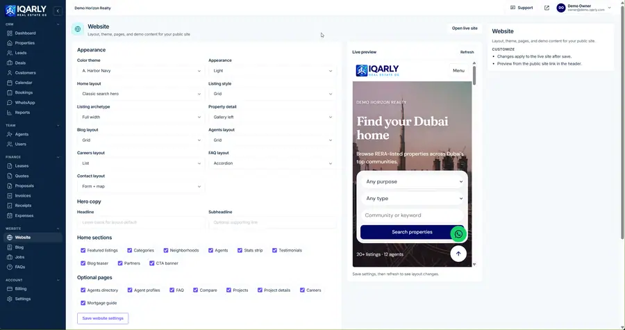 Website builder — Iqarly real estate CRM